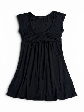 Soprano Ruched Front Empire Waist Black Babydoll Style Flowy Top w/ Cap Sleeves